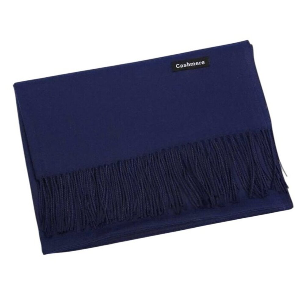 Luxurious Navy-Blue Cashmere Scarf 74" With Fringed Edges - Picture 7 of 8